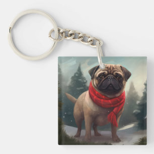 Pug Hond in Sneeuw Kerstmis Sleutelhanger