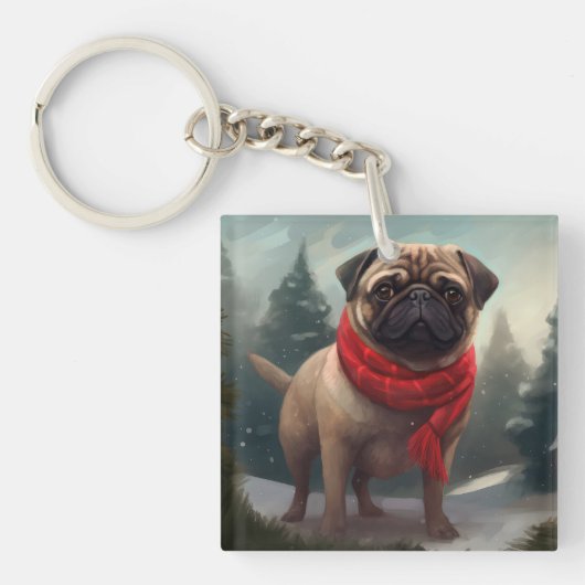 Pug Hond in Sneeuw Kerstmis Sleutelhanger (Voorkant)