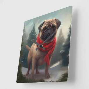 Pug Hond in Sneeuw Kerstmis Vierkante Klok