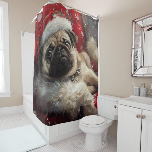 Pug Hond Kerst Festief Douchegordijn (In situ)