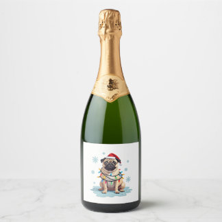 Pug Hond Kerstmannen Vrouwen (2) Sparkling Wijnetiket