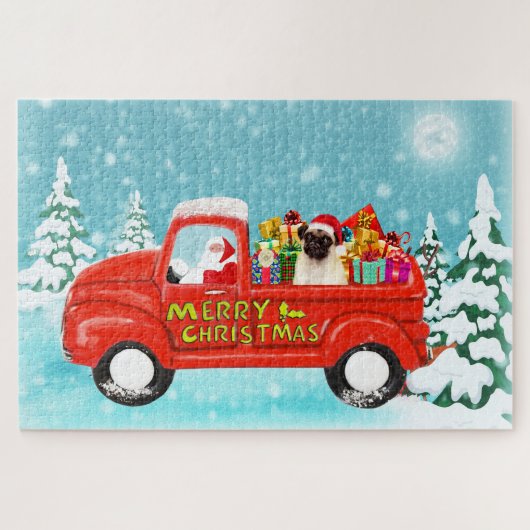 Pug Hond Kerstmis Kerstman Bezorgtruck Legpuzzel (Horizontaal)