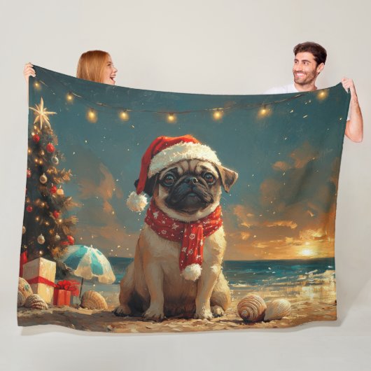 Pug Hond Kerstmis Vintage Strand Fleece Deken (In situ)