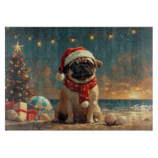 Pug Hond Kerstmis Vintage Strand Snijplank (Voorkant)