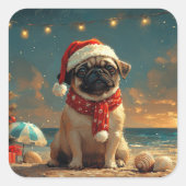 Pug Hond Kerstmis Vintage Strand Vierkante Sticker (Voorkant)