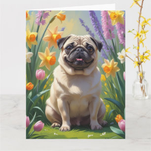 Pug Hond Lente Bloemen Schilderij Kaart