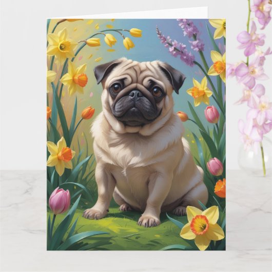 Pug Hond Lente Bloemen Schilderij Kaart (Orchidee)