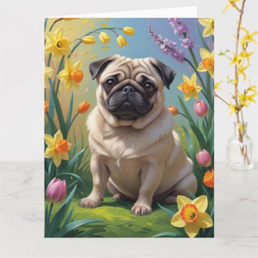 Pug Hond Lente Bloemen Schilderij Kaart (Gele Bloem)