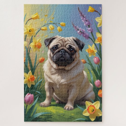 Pug Hond Lente Bloemen Schilderij Legpuzzel (Verticaal)