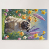 Pug Hond Lente Bloemen Schilderij Legpuzzel (Horizontaal)