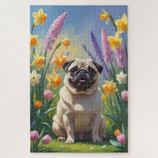 Pug Hond Lente Bloemen Schilderij Legpuzzel (Verticaal)