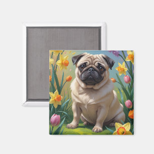 Pug Hond Lente Bloemen Schilderij Magneet