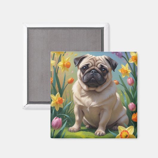 Pug Hond Lente Bloemen Schilderij Magneet (Voorkant / Achterkant)