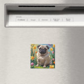 Pug Hond Lente Bloemen Schilderij Magneet (Insitu (Vaatwasser))