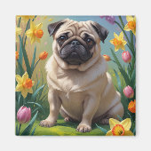 Pug Hond Lente Bloemen Schilderij Magneet (Voorkant)