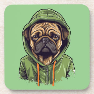 Pug Hond met Groene Hoodie Bier Onderzetter