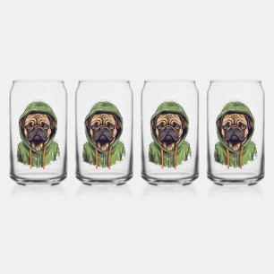 Pug Hond met Groene Hoodie Blikvorm Glas