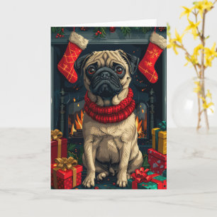 Pug-hond met kerstcadeaus bij de open haard  kaart