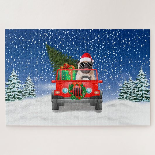 Pug hond met kerstcadeaus legpuzzel (Horizontaal)