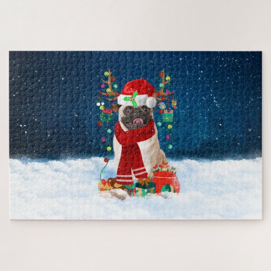 Pug hond met kerstcadeaus legpuzzel (Horizontaal)