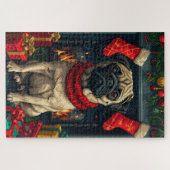 Pug hond met kerstcadeaus open haard legpuzzel (Horizontaal)