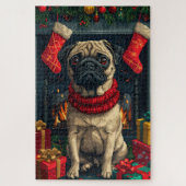 Pug hond met kerstcadeaus open haard legpuzzel (Verticaal)