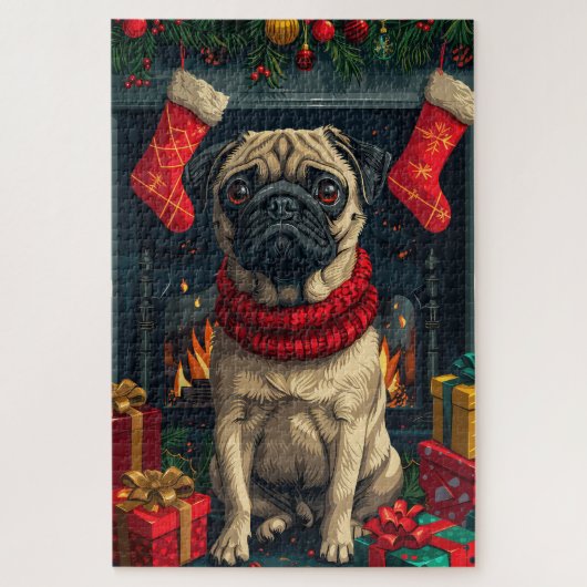 Pug hond met kerstcadeaus open haard legpuzzel (Verticaal)
