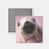 Pug hond met oogmasker op het hoofd dat op bed zit magneet (Voorkant / Achterkant)