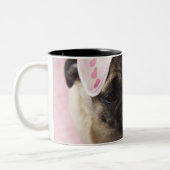 Pug hond met oogmasker op het hoofd dat op bed zit tweekleurige koffiemok (Links)