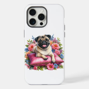 Pug Hond op een Kussen met Bloemen in Waterverf iPhone 15 Pro Max Case