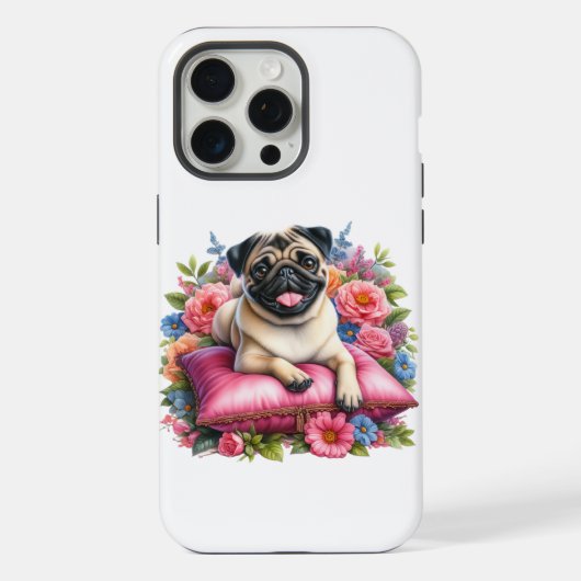Pug Hond op een Kussen met Bloemen in Waterverf iPhone Hoesje (Achterkant)