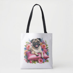 Pug Hond op een Kussen met Bloemen in Waterverf Tote Bag