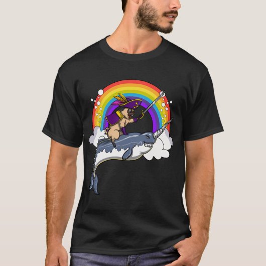 Pug Hond Piraat Rid Narwal Vis T-shirt (Voorkant)