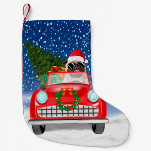 Pug Hond Rijden Auto In Sneeuw Kerstmis  Kleine Kerstsok