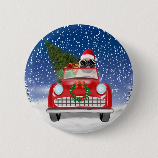 Pug Hond Rijden Auto In Sneeuw Kerstmis Ronde Button 5,7 Cm (Voorkant)