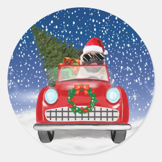 Pug Hond Rijden Auto In Sneeuw Kerstmis Ronde Sticker (Voorkant)