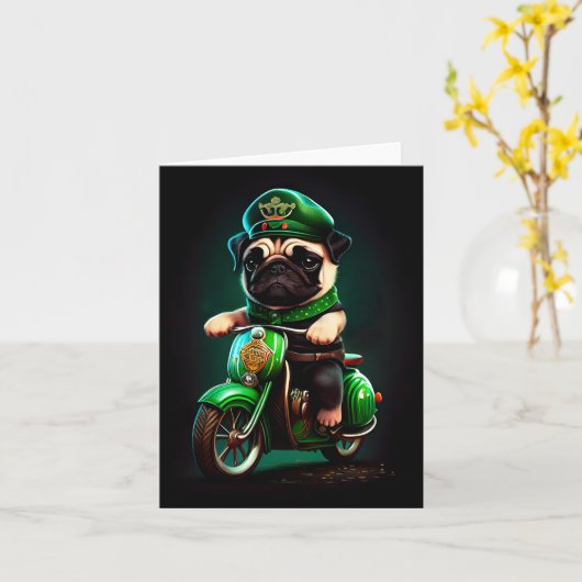 Pug Hond rijdt op fiets St. Patrick's Day Kaart (Gele Bloem)