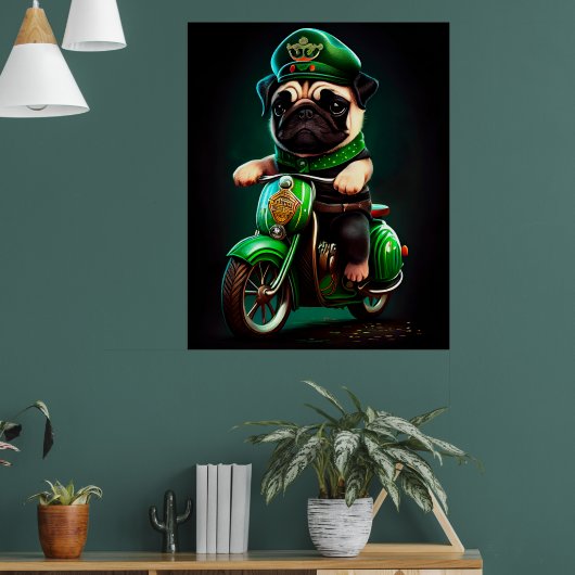 Pug Hond rijdt op fiets St. Patrick's Day Poster (Woonkamer 1)