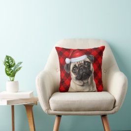 Pug Hond Rode Buffalo Plaid Kerstvakantie Kussen