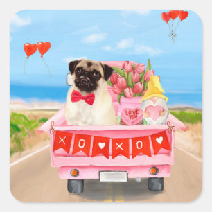 Pug Hond Valentijnsdag Truck Hartjes Vierkante Sticker