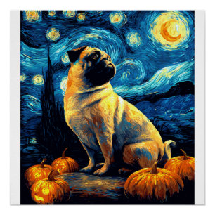Pug hond van gogh sterren nacht halloween Grappig Perfect Poster