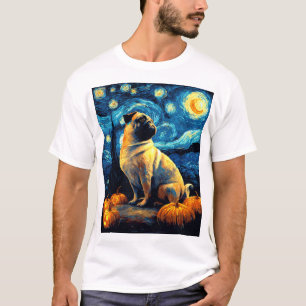 Pug hond van gogh sterren nacht halloween Grappig T-shirt
