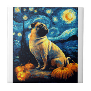 Pug hond van gogh sterren nacht halloween Grappige Tegeltje