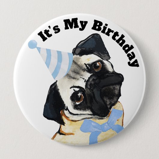 Pug Hond Verjaardag Knop Ronde Button 4,0 Cm (Voorkant)