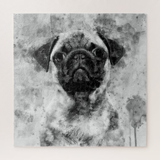 Pug Hond Zwart en Wit Aquarel 01 Legpuzzel (Verticaal)