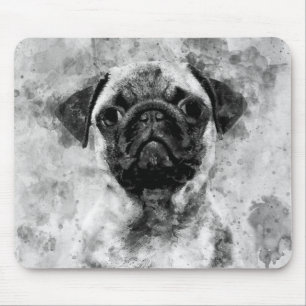Pug Hond Zwart en Wit Aquarel 01 Muismat