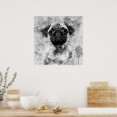 Pug Hond Zwart en Wit Aquarel 01 Poster (Keuken)