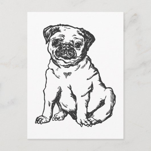 Pug hond, zwart & wit illustratie briefkaart (Voorkant)