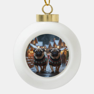 Pug Honden Kerstmis Sneeuw Feestdagen Keramische Bal Ornament
