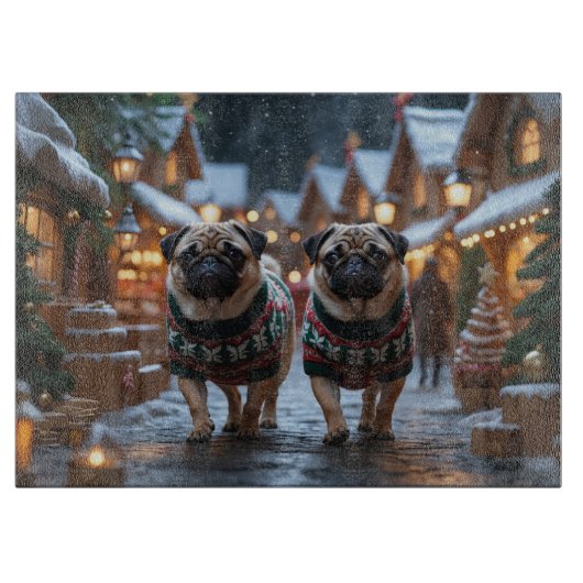Pug Honden Kerstmis Sneeuw Feestdagen Snijplank (Voorkant)